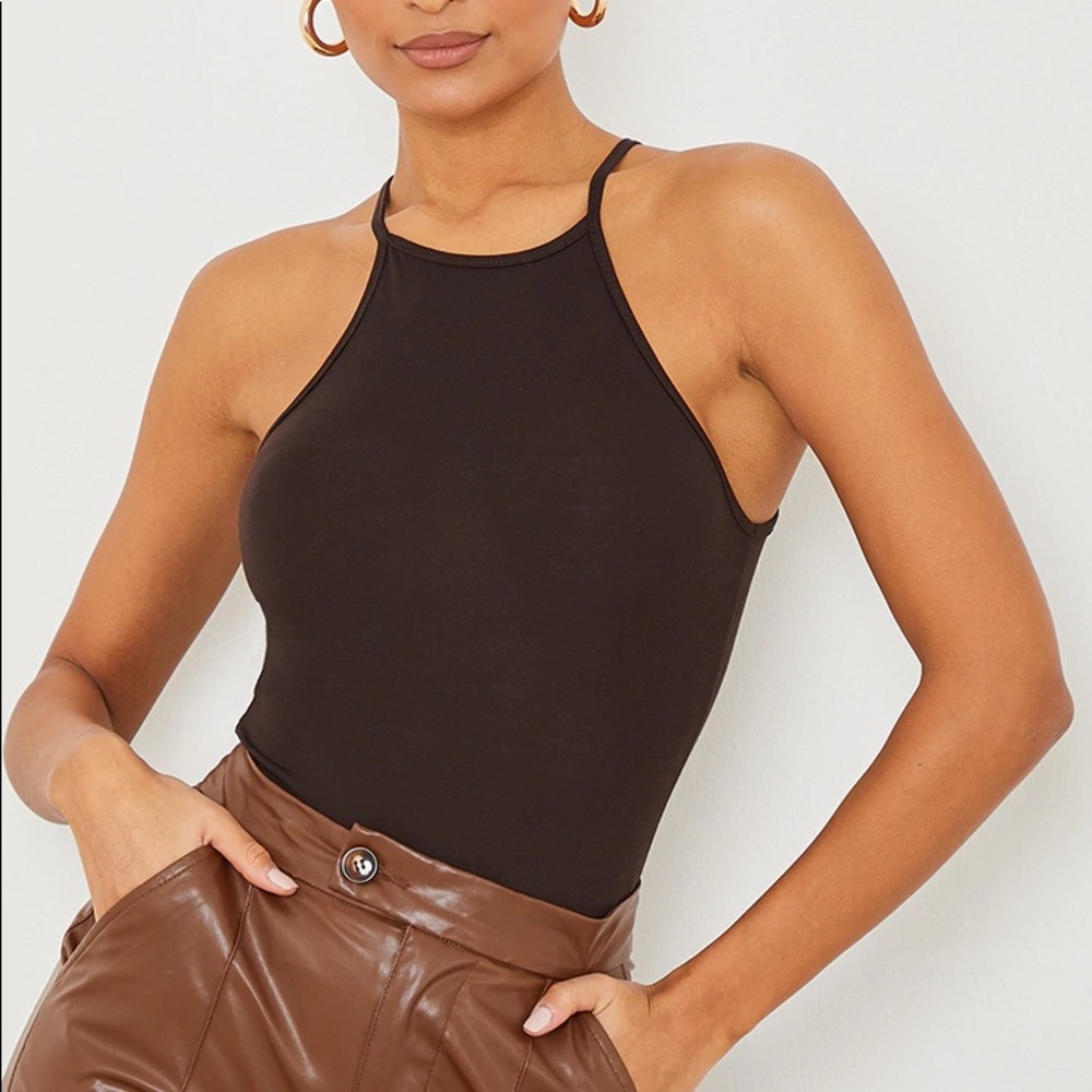 PLT Basic Chocolate Racer Neck Thong Bodysuit 4